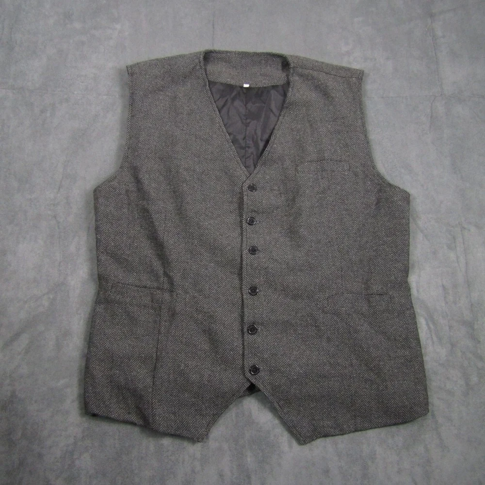 Herringbone Waistcoat Vest Mens XL Gray Tweed Cinch Back Formal Wedding